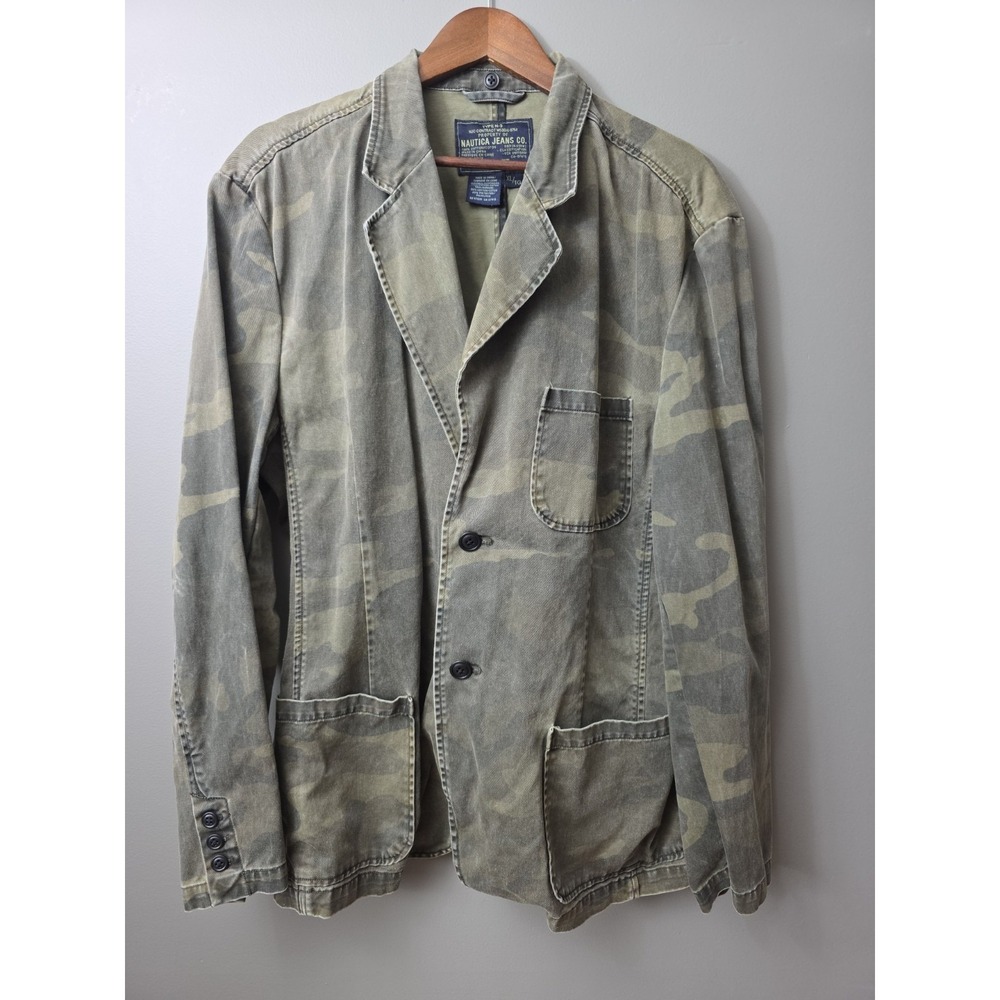 Nautica Type N-3 Military Jacket Men's XL Green Camouflage Denim Jacket